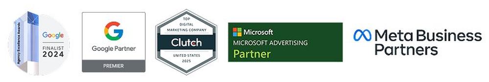 Google Agency Excellence Awards 2024 Finalist, Google Premier Partner, Clutch Top Digital Marketing Company 2025, Microsoft Advertising Partner, Meta Business Partners
